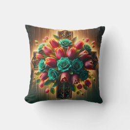 Almofada "Florais da Cruz Cristã Radiante com Gotas de Chuv