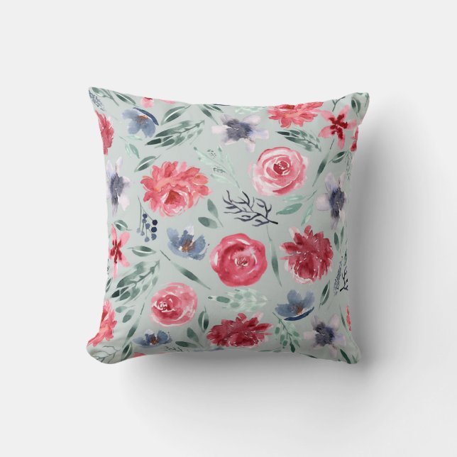 Almofada Florais de aquarela em verde na menta (Frente)