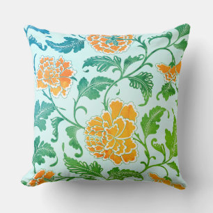 Almofada Florais de laranja e verde em azul claro