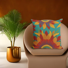 Almofada Florais dourados laranja azul-teal vermelhos estil