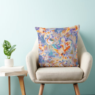 Almofada Floral Abstrata Laranja e Azul Vibrante