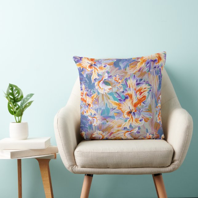Almofada Floral Abstrata Laranja e Azul Vibrante (Cadeira)