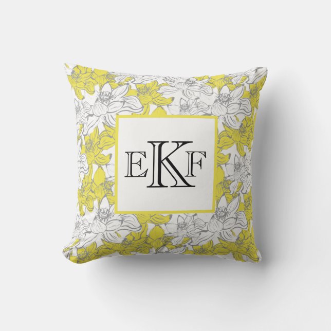 Almofada Floral Amarelo e Cinza Branco Monogramado (Frente)