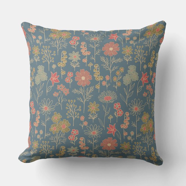 Almofada Floral Azul e Coral Moderno Denim (Frente)
