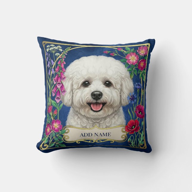 Almofada Floral Azul Personalizada Bichon Frise (Frente)