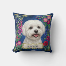 Almofada Floral Azul Personalizada com Cão Maltês
