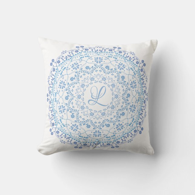 Almofada Floral Azul Simples Mandala Círculo Minimalista (Frente)