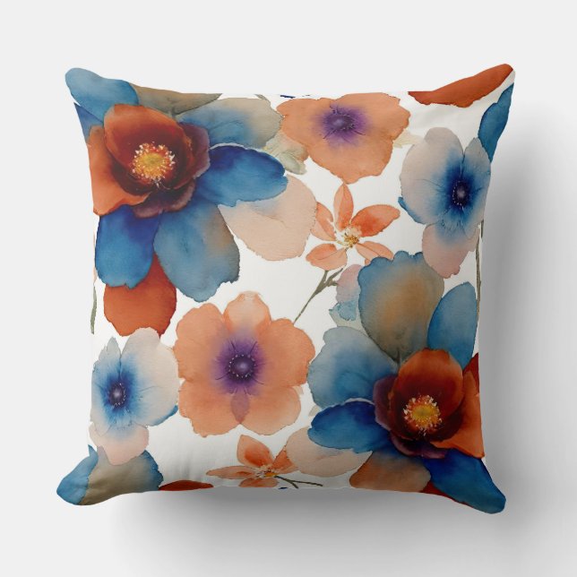 Almofada Floral Azul, Vermelho e Laranja (Frente)