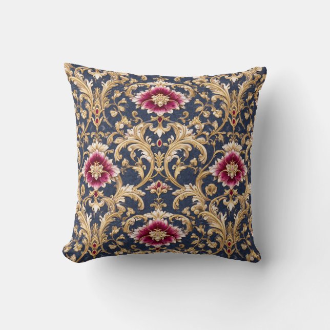 Almofada Floral Barroco Real em Azul Profundo (Frente)