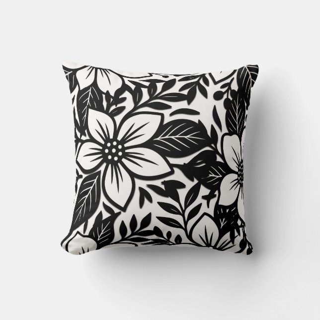 Almofada Floral Bloom Moderno e Negrito Preto e Branco  (Frente)