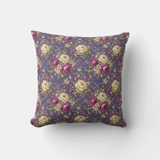 Almofada Floral Botânico Vintage Roxo e Creme (Frente)