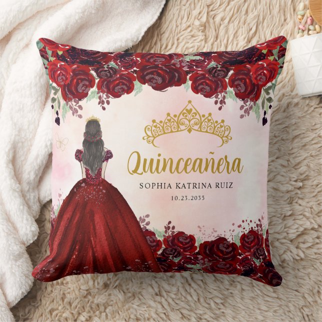 Almofada Floral Burgundy Dourada Princesa Tiara Quinceanera (Cobertor)