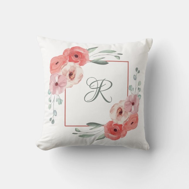 Almofada Floral Cor-de-Rosa e Branco Monogramado (Frente)