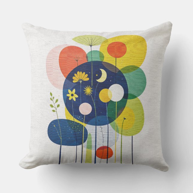 Almofada Floral Cósmico Moderno Meio do Século Boho Abstrat (Frente)