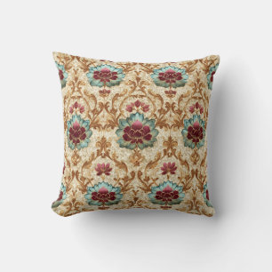 Almofada Floral Damask Vintage em Turquesa e Borgonha