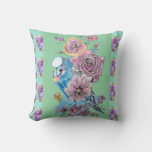 Almofada floral de aguarela rosa Budgie Budgerigar