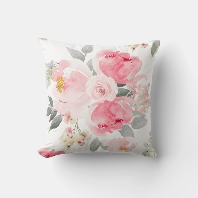Almofada Floral de Cor de Água Rosa-Rosa com Chá de panela  (Frente)