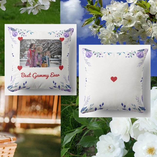 Almofada Floral de Fotografia da Vovó Elegante (Best Gammy Ever. Elegant personalized floral photo pillow for Grandma on Mother's Day or her bday)