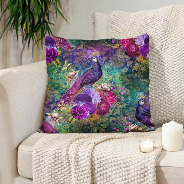 Almofada Floral de Peacock Teal Roxo Elegante (Elegant purple and emerald green peacock pillow)