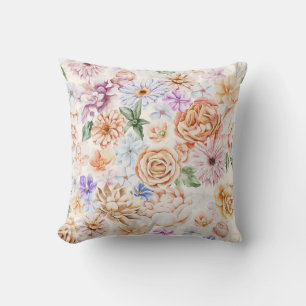 Almofada Floral de Rosa e Peônia em Aquarela Vinta