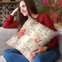 Almofada Floral De Xadrez Branca E Vermelha