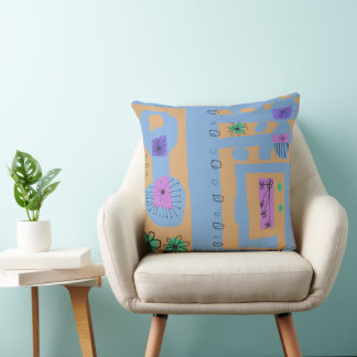 Almofada Floral Decano Étnico Impressão Azul Laranja Negro