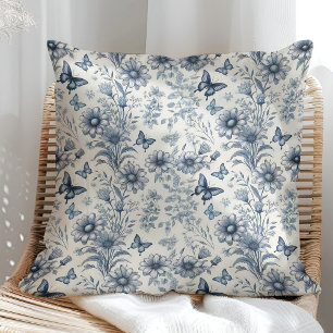 Almofada Floral e Borboleta de Vintagem Azul e Branco