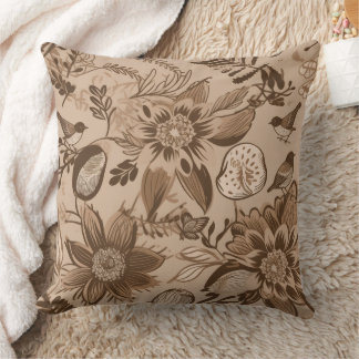 Almofada Floral e Pássaros Marrom-claro