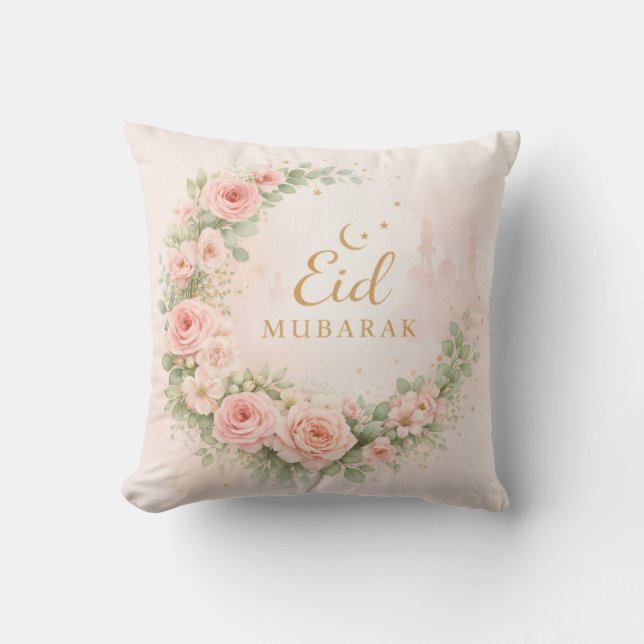 Almofada Floral Eid Mubarak – Presente Islâmico Rosa Bege (Frente)