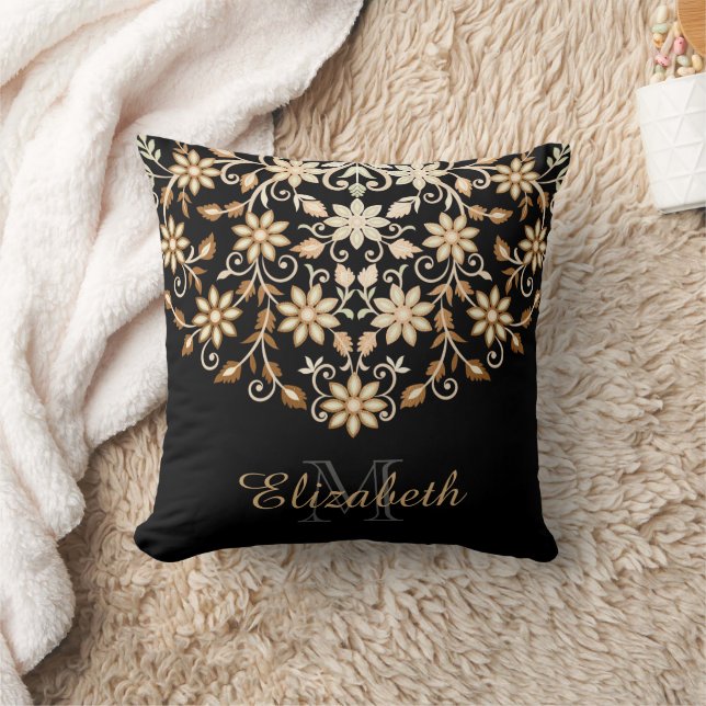 Almofada Floral Elegante Preto e Dourado (Cobertor)