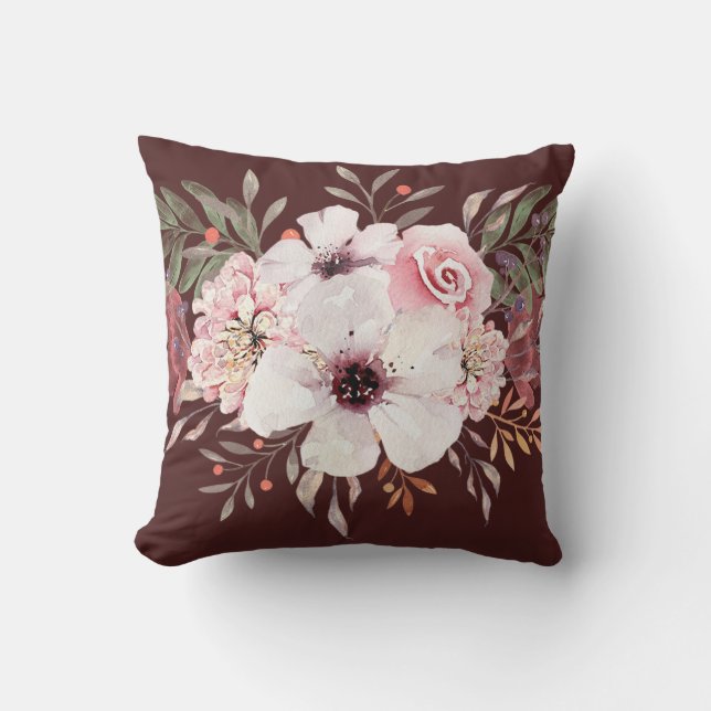 Almofada Floral em Aquarela Moderna Rosa Borgonha (Frente)