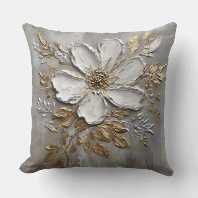 Almofada Floral Fazenda Neutra Cinza Branco Dourado (Frente)