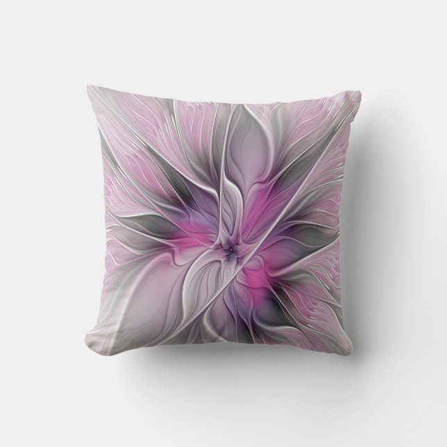 Almofada Floral Fractal Moderno Abstrato Flor Rosa Cinza (Frente)