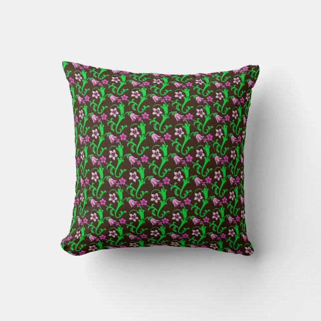 Almofada Floral Jacobean - rosa, verde, chocolate (Frente)