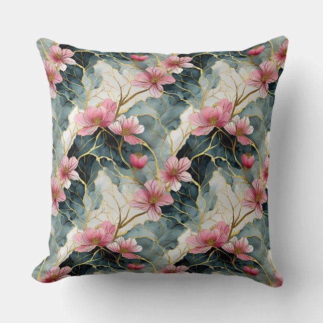 Almofada Floral Japonês, Rosa Com Dourado (Frente)