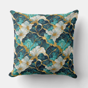 Almofada Floral Japonês Verde Água Dourado