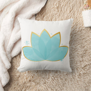 Almofada Floral Lotus Watercolor Seafoam Azul e Faux Dourad