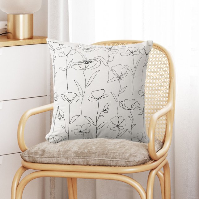 Almofada Floral Mínimo Preto e Branco de Flor Selvagem (In situ)