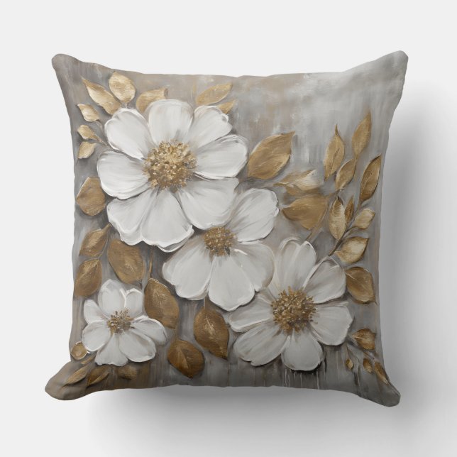 Almofada Floral Ousado Branco Dourado Cinza (Frente)