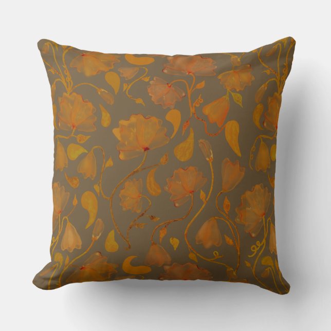 Almofada Floral Outono vibrante em laranja e marrom (Frente)
