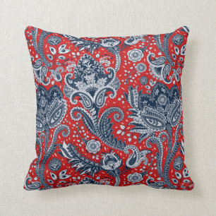 Almofada Floral Paisley Boho Boêmio Vermelho Branco e Azul