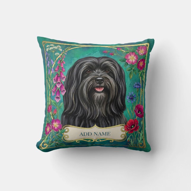 Almofada Floral Personalizada Preta Lhasa Apso (Frente)
