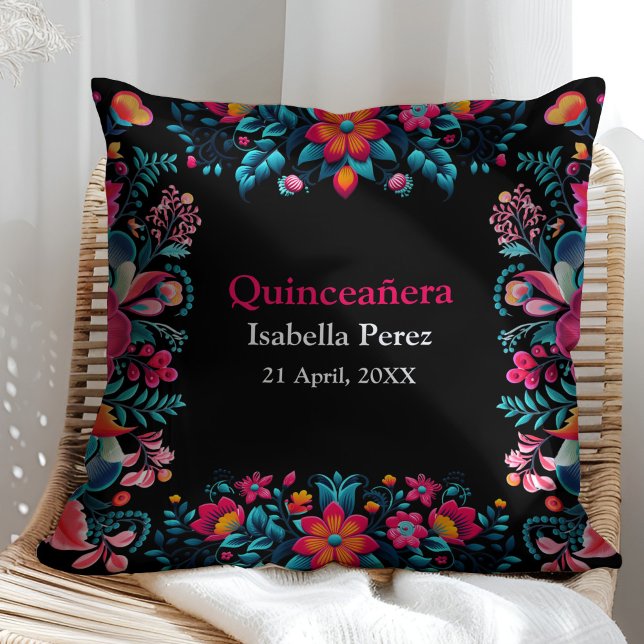 Almofada Floral Quinceanera Black Mexicano Fiesta Birthday (Floral Quinceanera Black Mexican Fiesta Birthday Throw Pillow on a sunny rattan chair.)