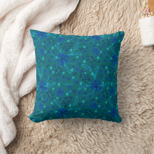 Almofada Floral retro azul-turquesa escuro monocromático (Cobertor)