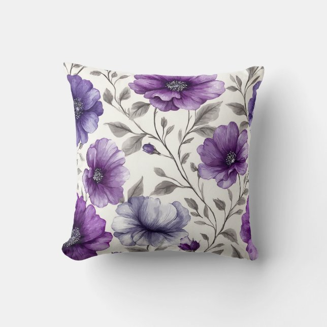 Almofada Floral Romântico Botânico Roxo Vintage Chic (Frente)