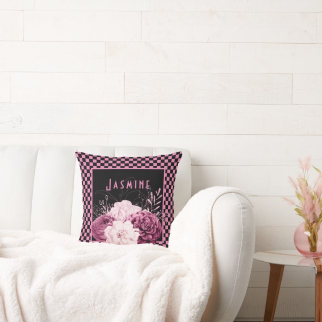 Almofada Floral rosa e placa de verificação personalizada (Sofá)
