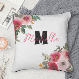 Almofada Floral Rosa Monogramada Aquarela Romântica 