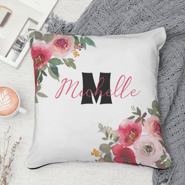 Almofada Floral Rosa Monogramada Aquarela Romântica  (Criador carregado)