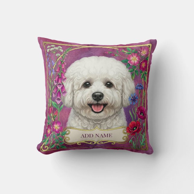 Almofada Floral Rosa Personalizada Bichon Frise (Frente)