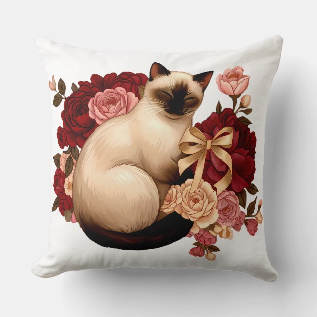 Almofada Floral Serenity: Curled Siamese Cat in Bloom (Frente)
